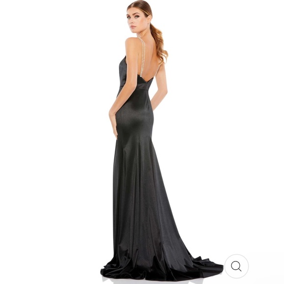 NWT Ieena for Mac Duggal 12428 Charmeuse Rhinestone Strap Trumpet Gown Black - 8 - Picture 3 of 13